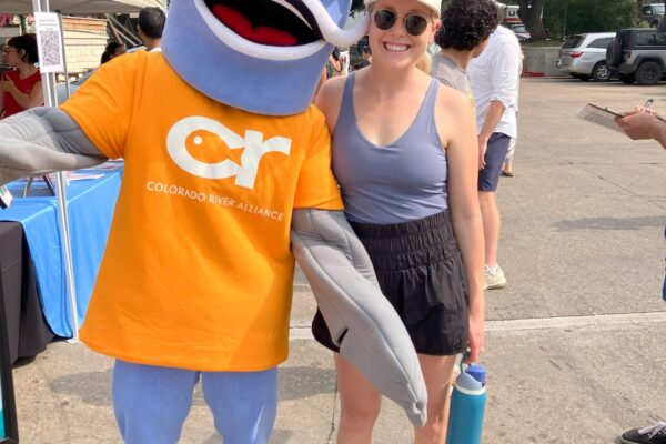 CRA Finley the Catfish and CRA Board Member Lindsey Holubec at the Lake Austin Cleanup_1200p